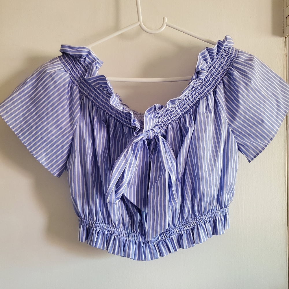 Zara striped off the shoulder Crop Top Bow Back Size S Preppy Feminine Coastal - Picture 6 of 13
